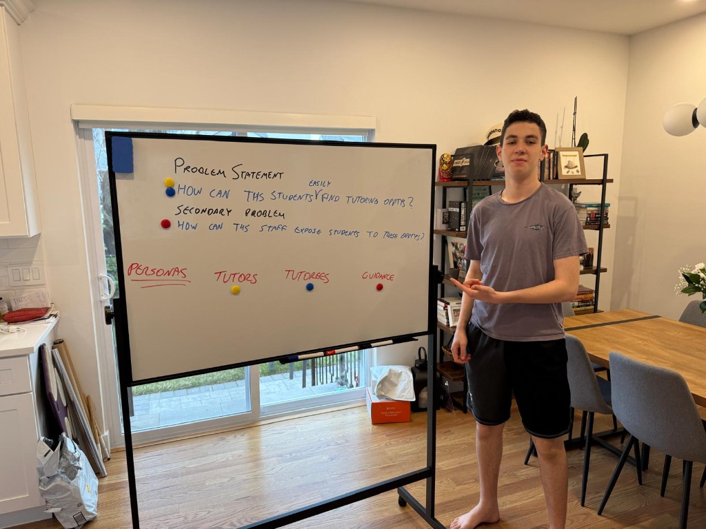 Whiteboard notes outlining the problem statement, secondary problem, and personas for tutors, tutorees, and guidance.